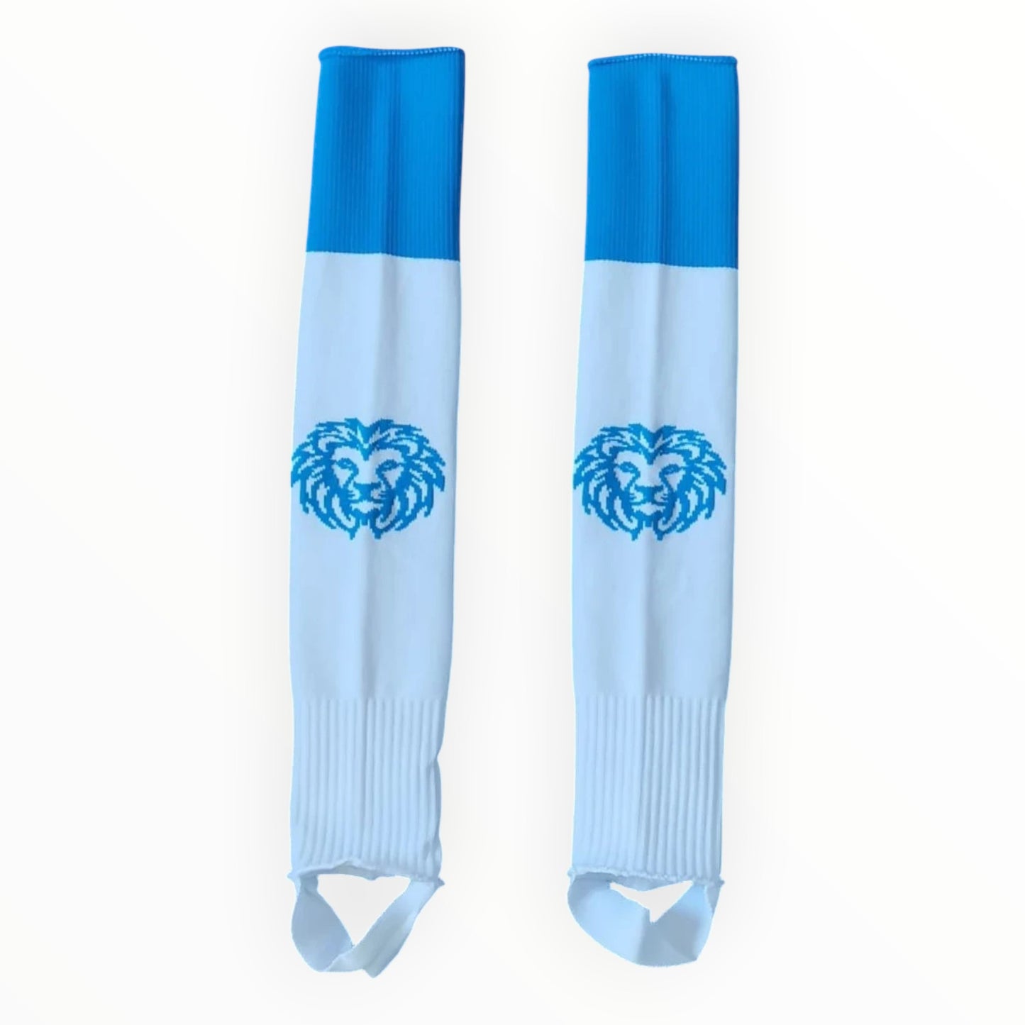 Löwen Hockeyshop weiße Hockey Stutzen mit blauem Abschluss und Löwen-Logo, elastische Bündchen
