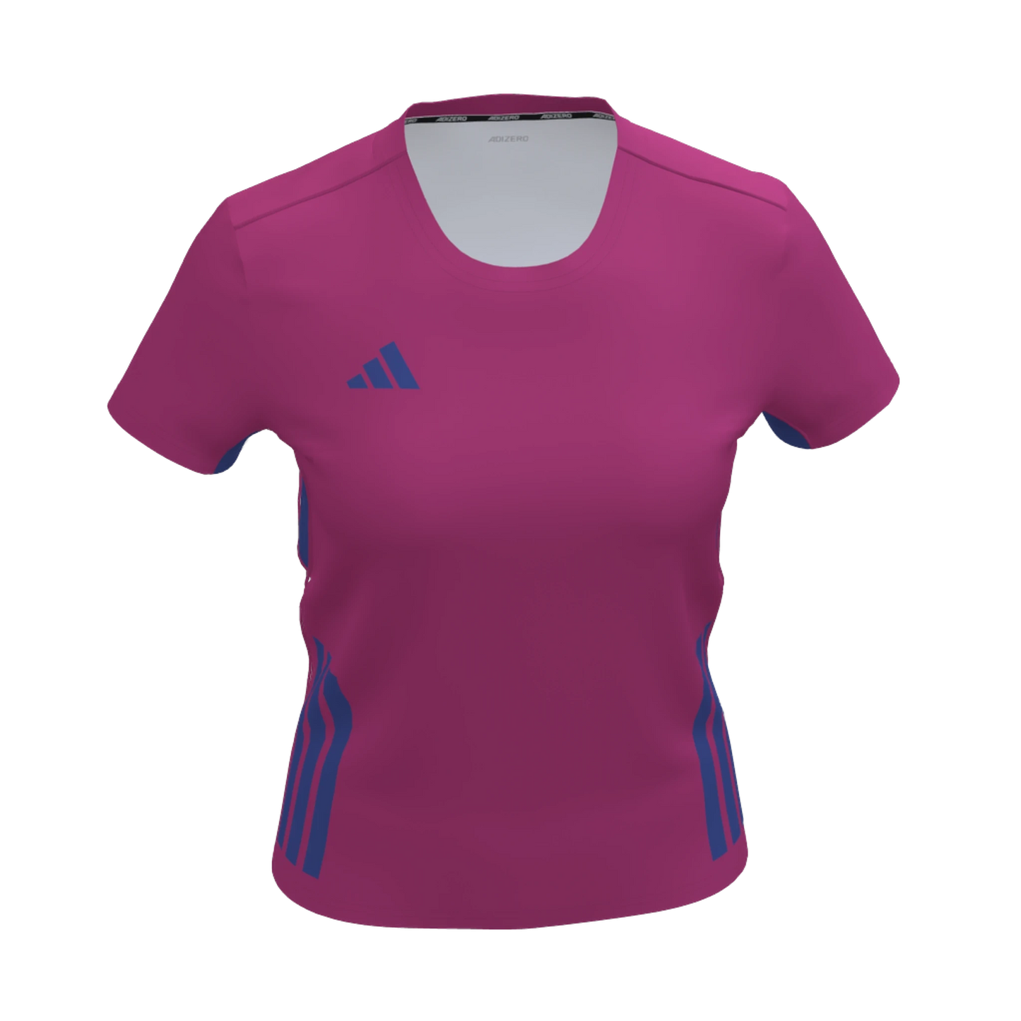 Löwen Hockeyshop: Adidas adizero T-Shirt in Pink mit blauen Akzenten und Streifen. Kurze Ärmel, Rundhalsausschnitt.