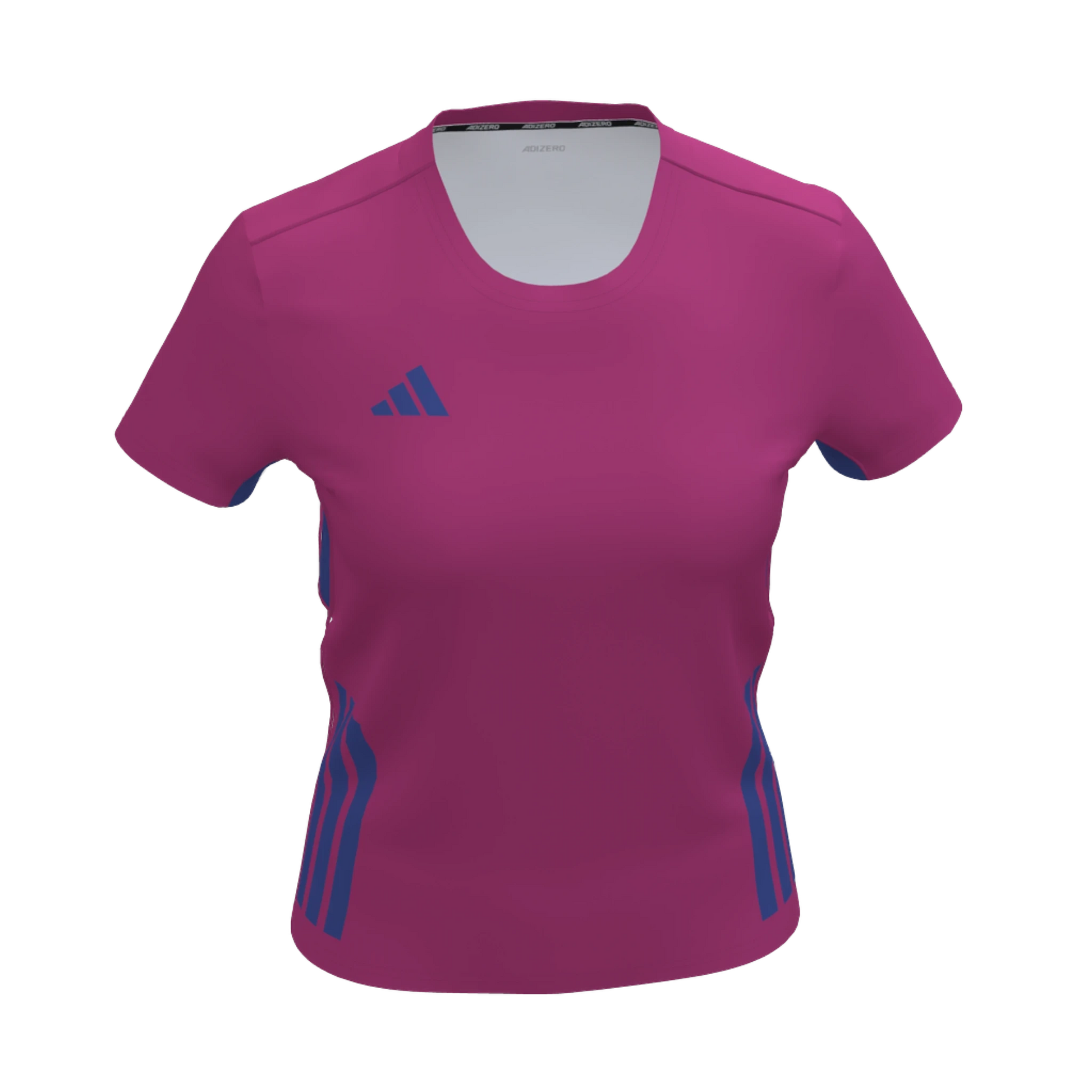 Löwen Hockeyshop: Adidas adizero T-Shirt in Pink mit blauen Akzenten und Streifen. Kurze Ärmel, Rundhalsausschnitt.