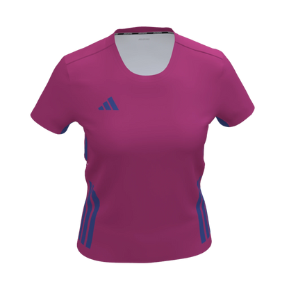 Löwen Hockeyshop: Adidas adizero T-Shirt in Pink mit blauen Akzenten und Streifen. Kurze Ärmel, Rundhalsausschnitt.