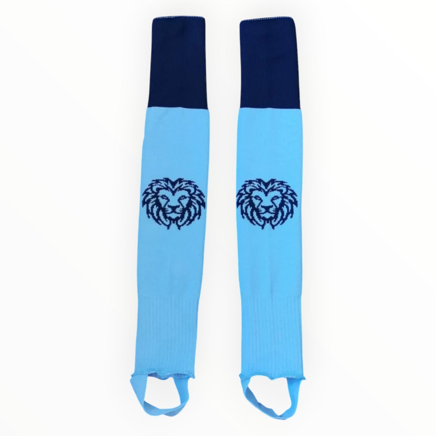 Löwen Hockeyshop hellblaue Hockey Stutzen mit dunkelblauem Abschluss und Löwen-Logo
