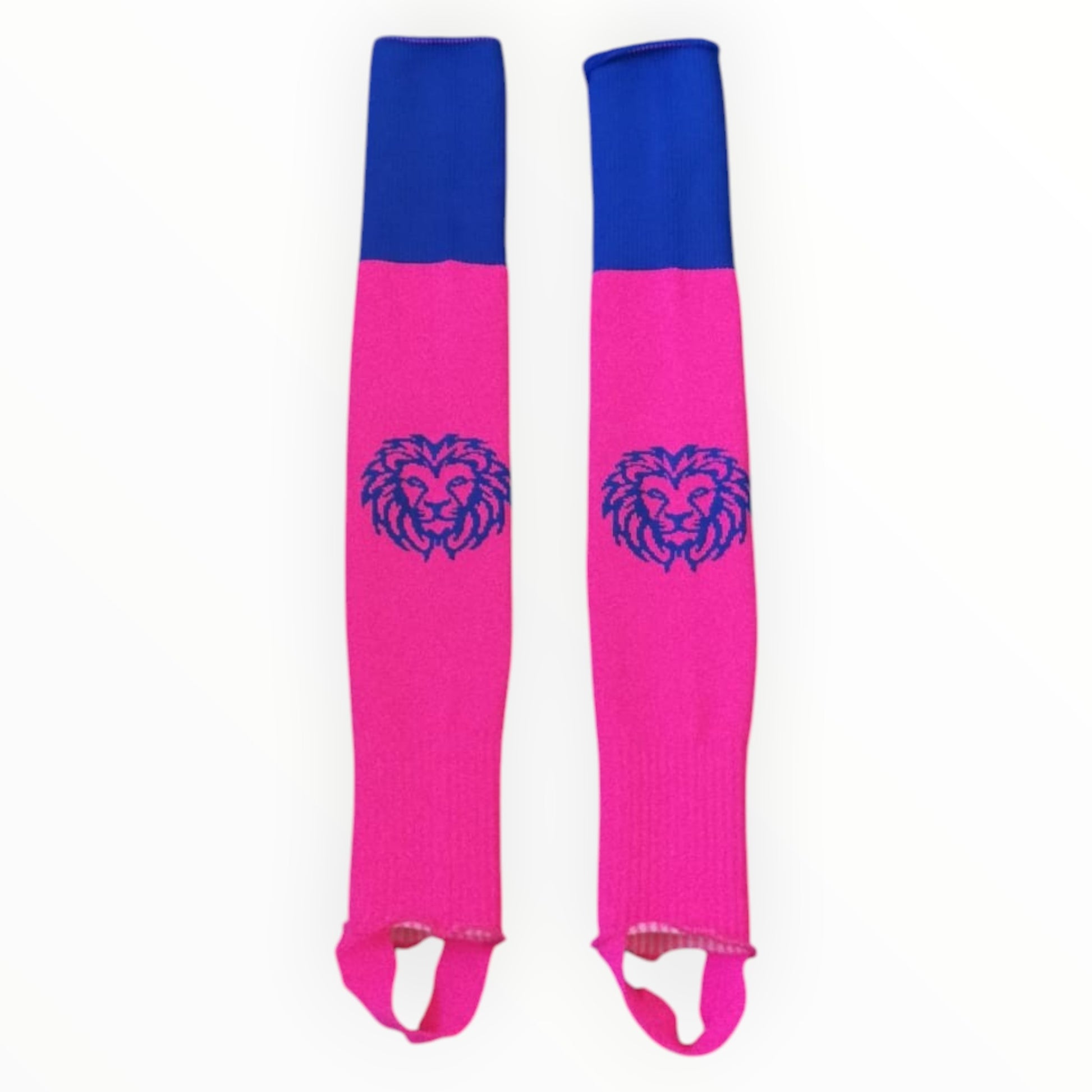 Löwen Hockeyshop pinke Hockey Stutzen mit blauem Bund und Löwen-Logo, für Damen und Herren