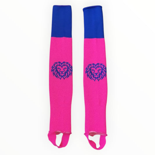Löwen Hockeyshop pinke Hockey Stutzen mit blauem Bund und Löwen-Logo, für Damen und Herren