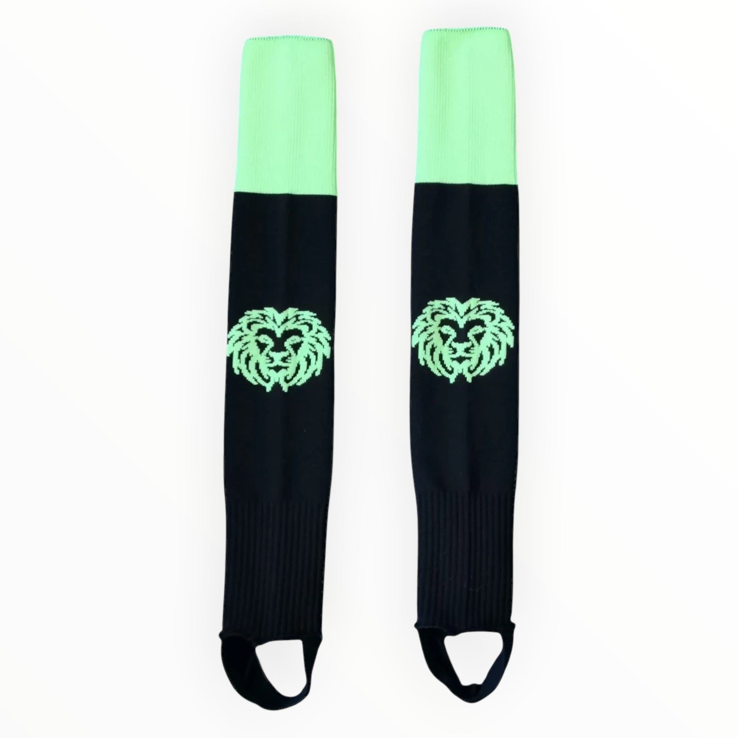 Löwen Hockeyshop schwarze Hockey Stutzen mit neongrünen Akzenten und Löwen-Logo, elastische Bündchen