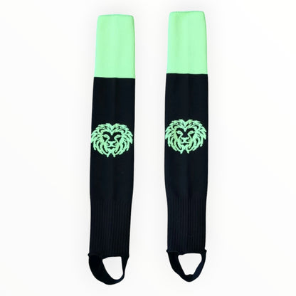 Löwen Hockeyshop schwarze Hockey Stutzen mit neongrünen Akzenten und Löwen-Logo, elastische Bündchen